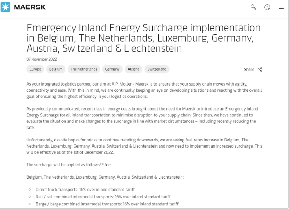 马士基上调紧急内陆燃油附加费-西邮物流