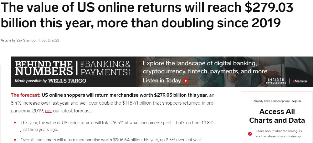 机构预测今年美国网购者退货商品价值将高达2790.3亿美元-西邮物流