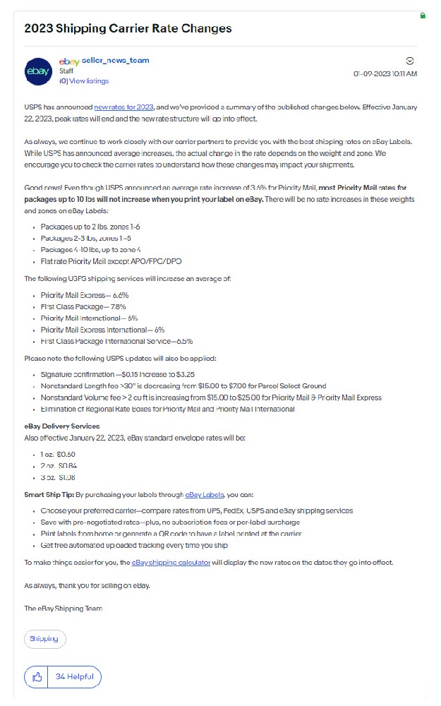 eBay美国站：USPS新费率将于1月22日生效-西邮物流