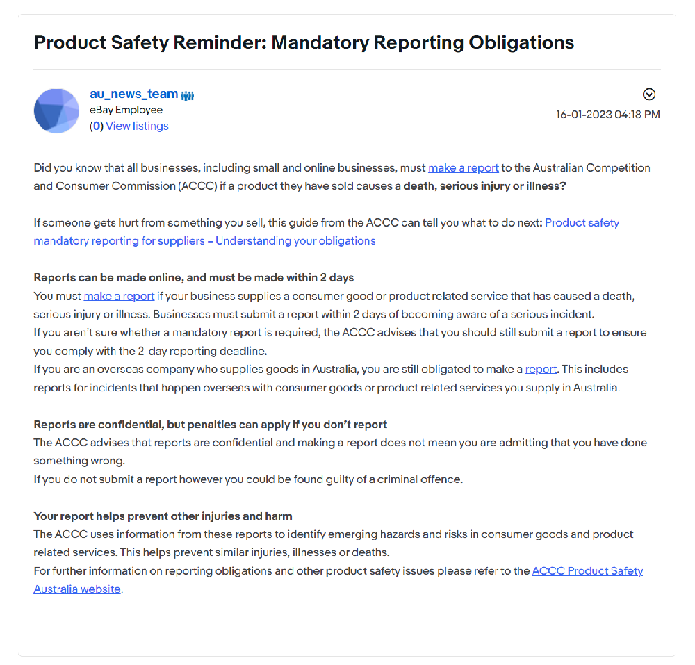 eBay澳洲站产品安全提示：卖家必须向ACCC提交强制性报告-西邮物流