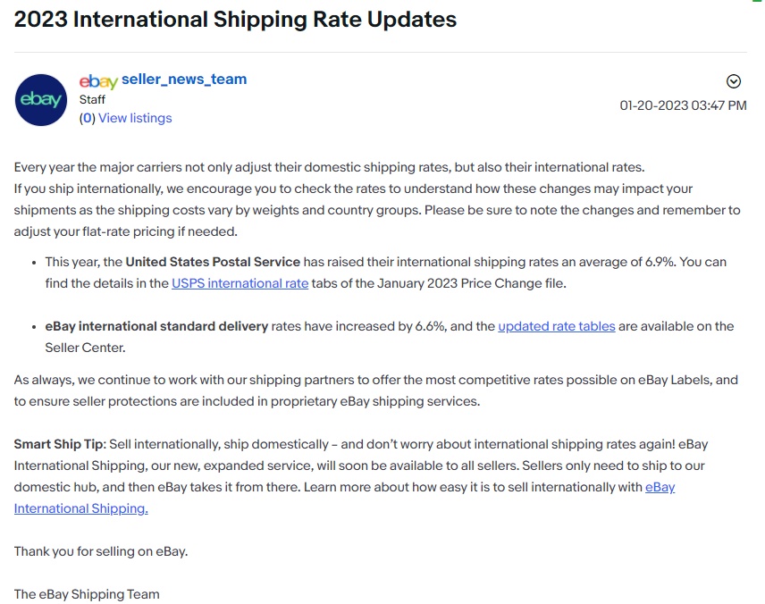 eBay国际标准配送费率上涨6.6%-西邮物流