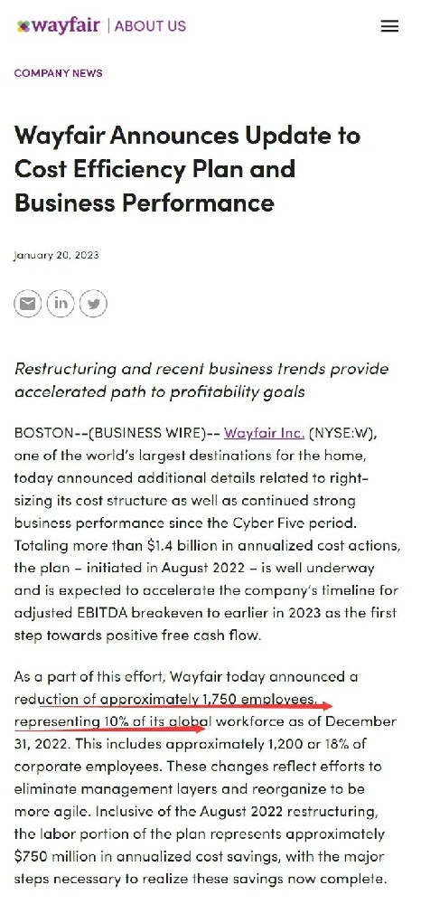 北美家居电商Wayfair宣布裁减约1750名员工，占全球员工10%-西邮物流