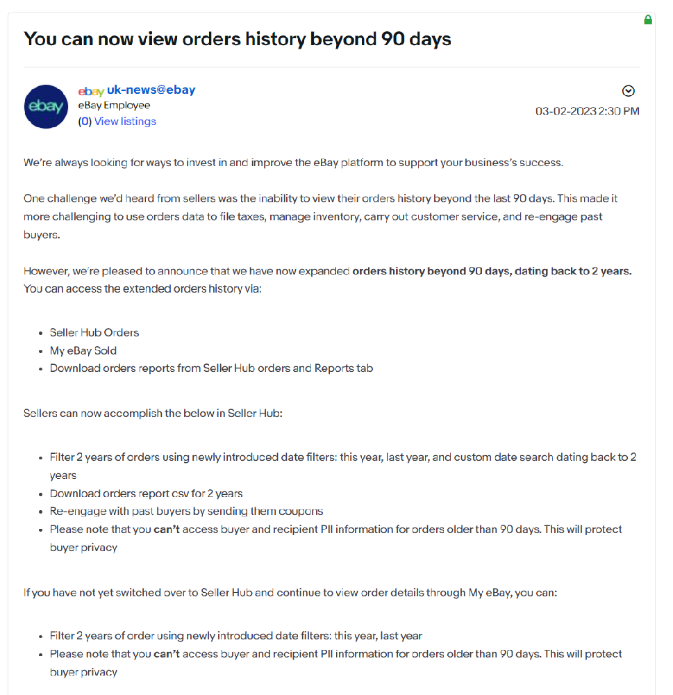eBay英国站最新公告：卖家可查看超过90天的历史订单-西邮物流