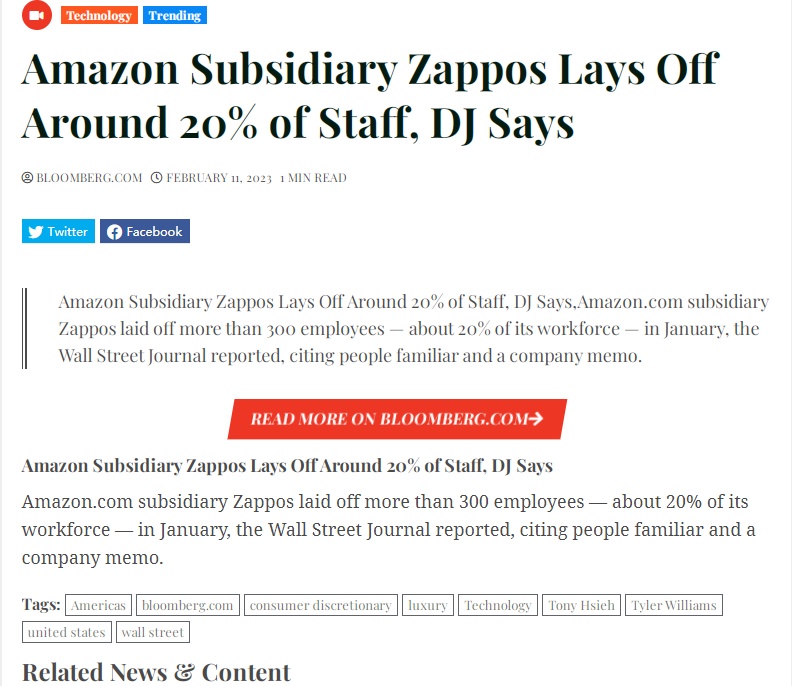 亚马逊旗下在线鞋服零售商Zappos于1月裁员20%-西邮物流